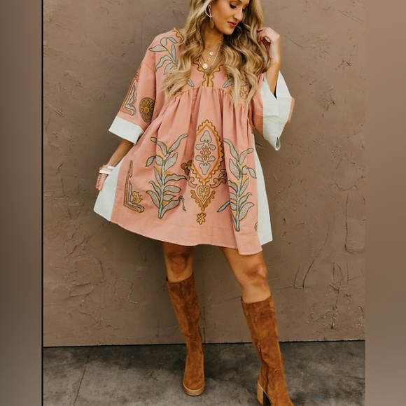 Pink Long Sleeve V Neck Floral boho bohemian Embroidered Dress - Picture 5 of 8